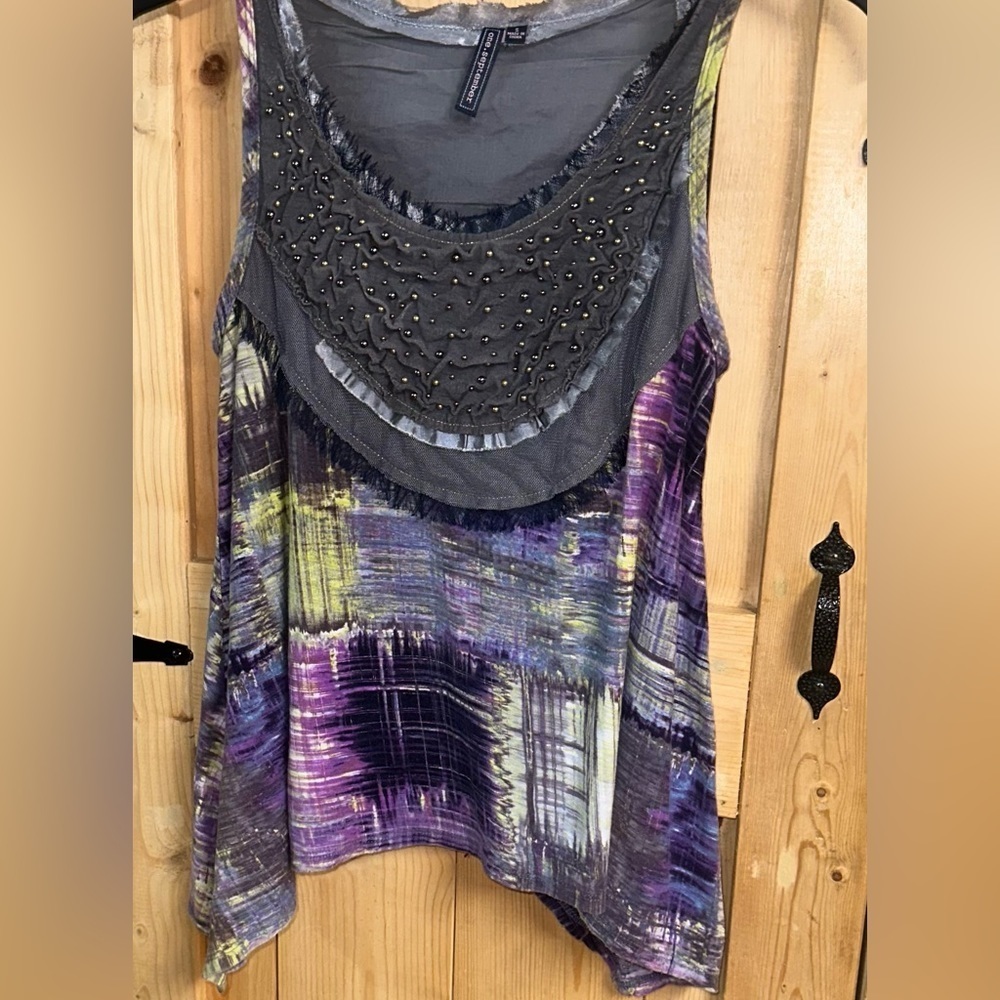 Anthropologie One September, Sleeveless Shirt, Beaded, Green, Gray Purple tank - Picture 5 of 6